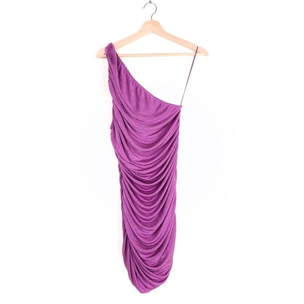 NWT Lioness THE GODDESS MINI DRESS PURPLE Ruched One Shoulder Slinky Womens US 8